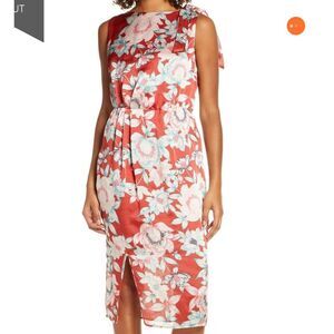 Charles Henry Floral Print Women Pink Bateau New Slit Front Bow Midi Dress XSmal